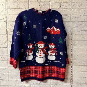 Vintage Just For Petites Snowman Christmas Sweater – Holiday Knit – Navy & Red